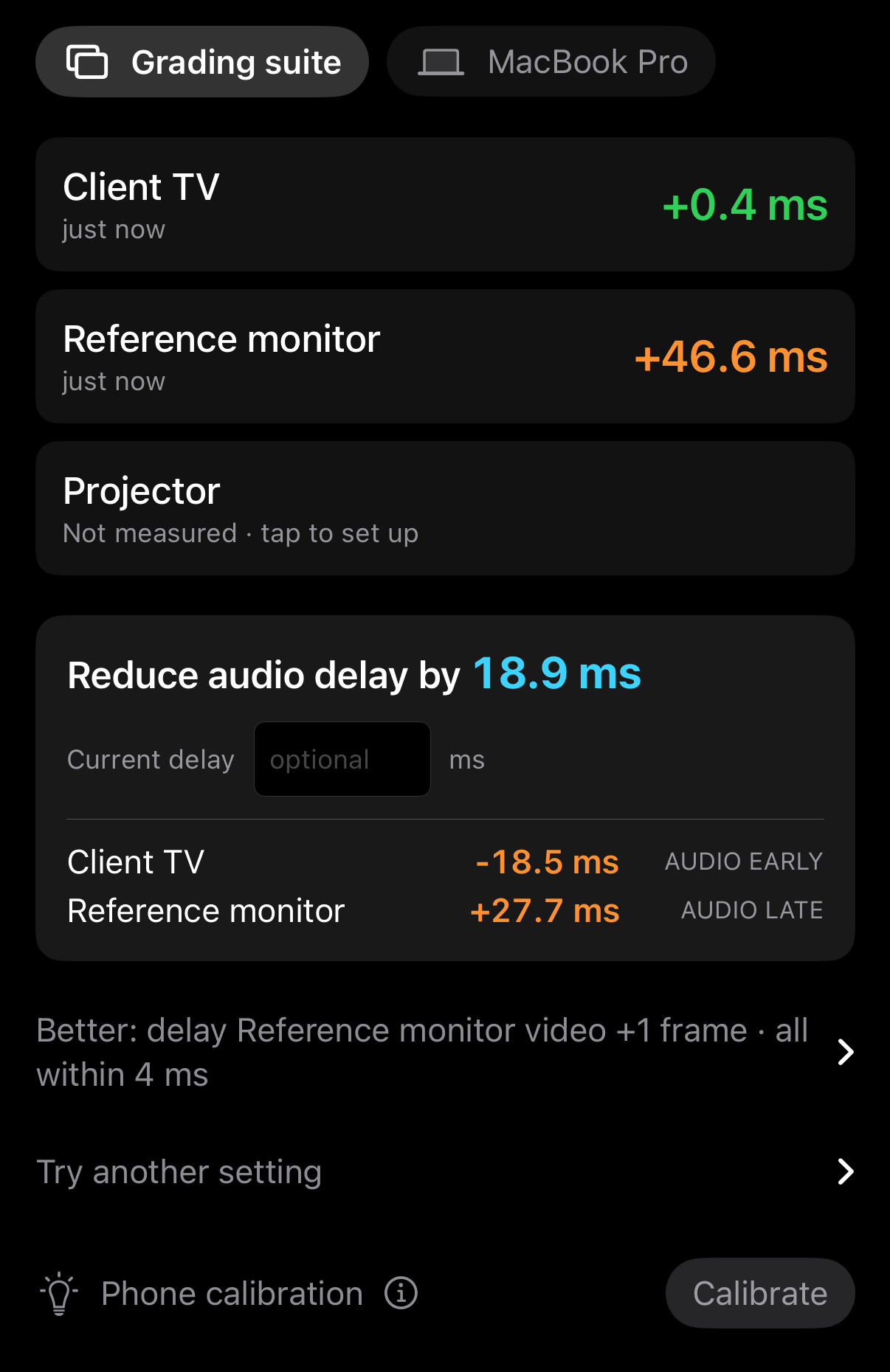 syncAV overview comparing a client TV and reference monitor, with an audio delay recommendation