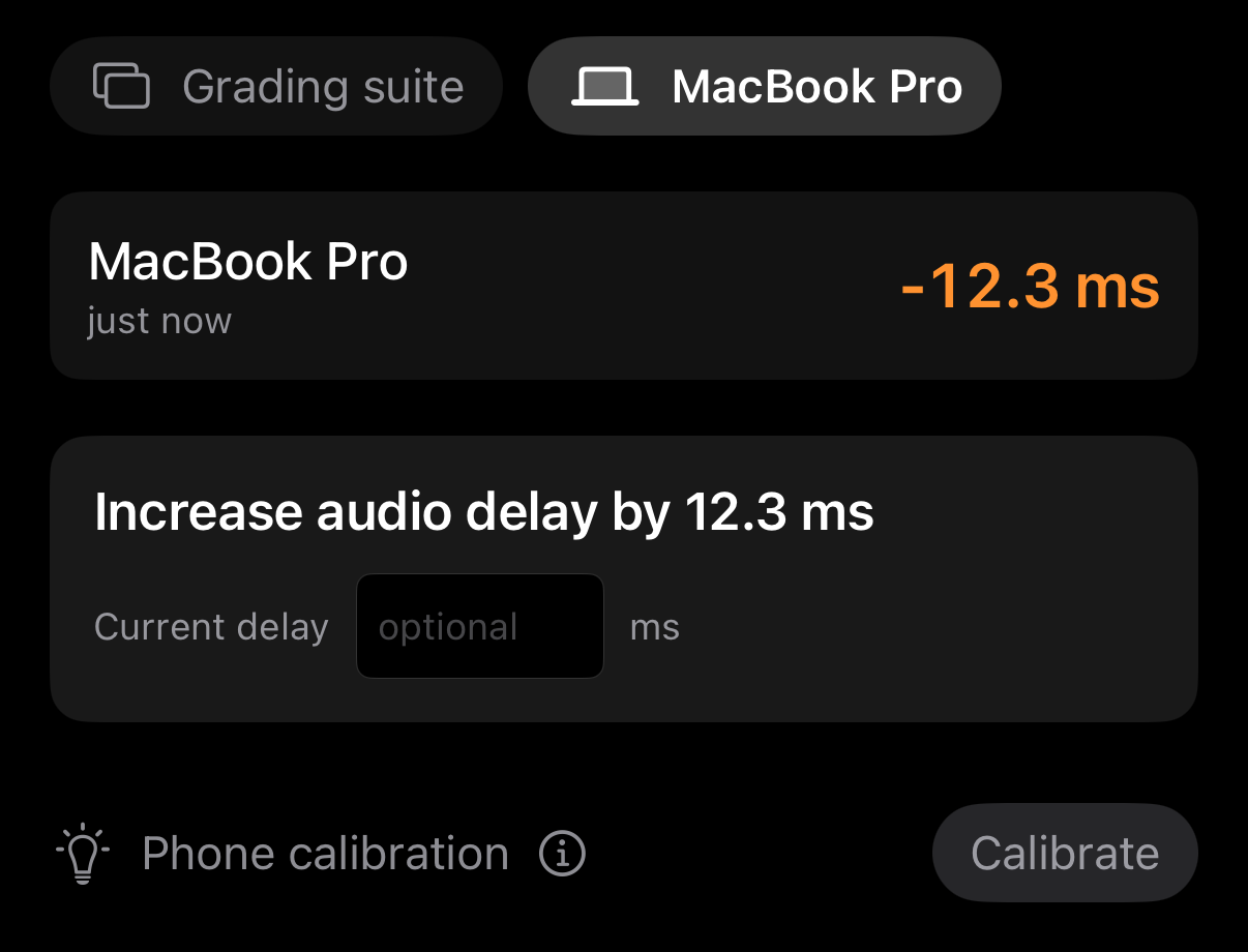 A single MacBook Pro measurement with a recommendation to increase audio delay by 12.3 ms